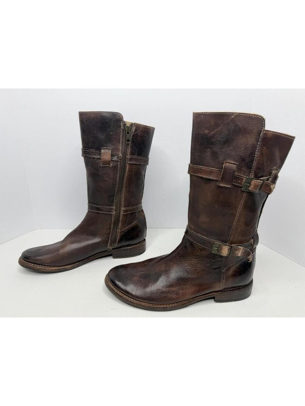 BED STU Cobbler Series Size 8 Distressed Leather Riding Mid Calf Zip Boots P149